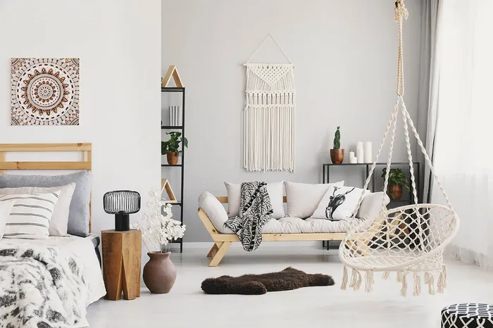 Bright boho living room interior